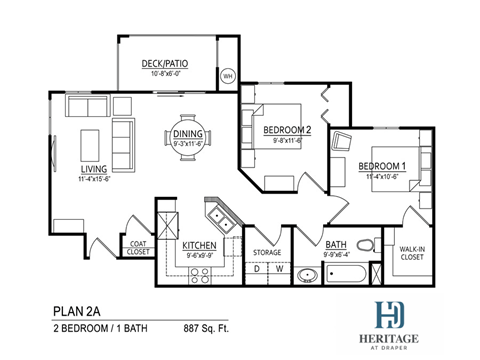 Floor plan for 2 beds, 1 bath, 887 sqft